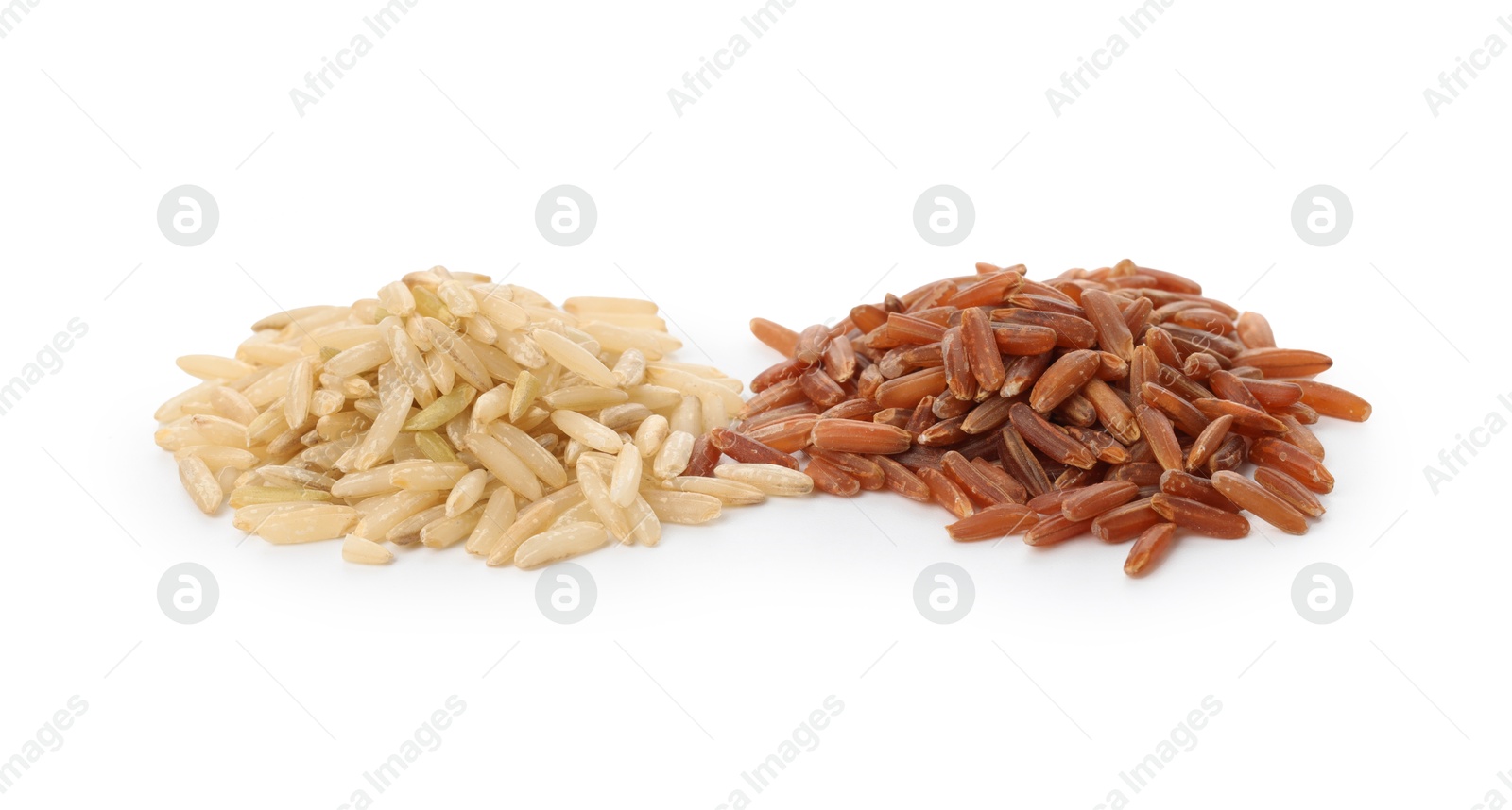 Photo of Different sorts of raw brown rice isolated on white