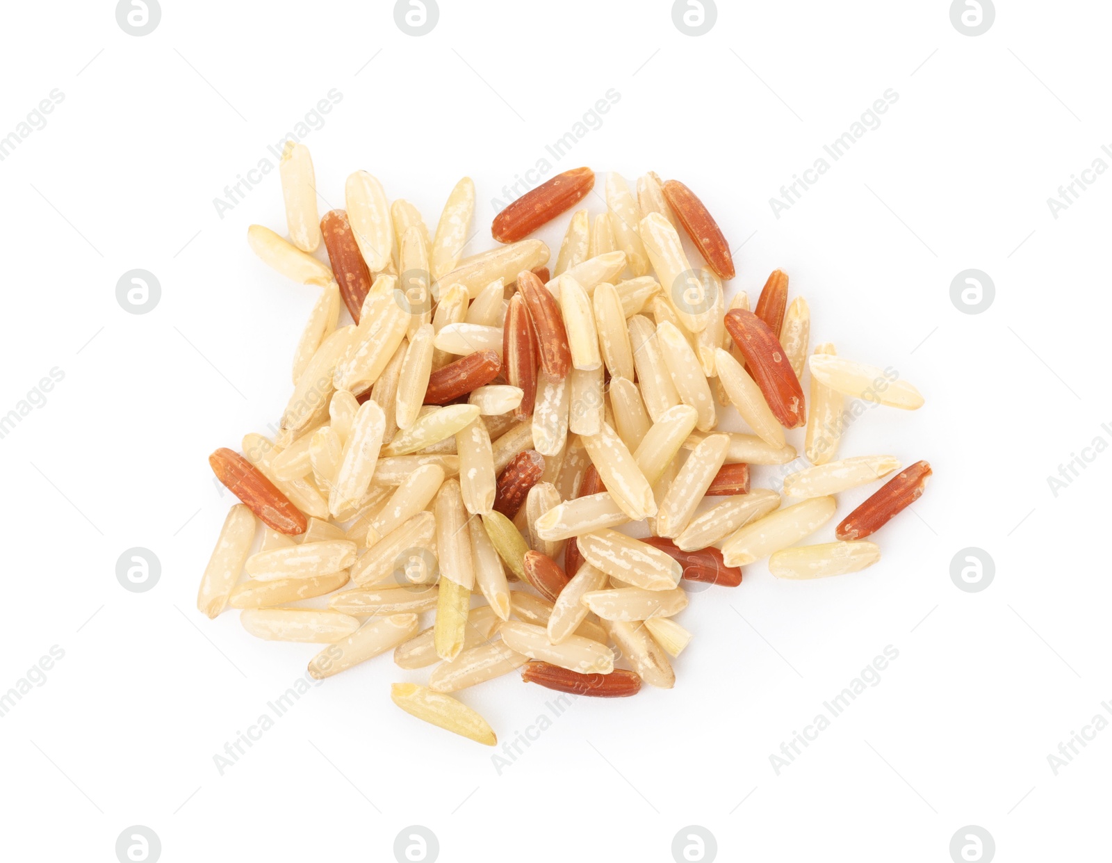 Photo of Different sorts of raw brown rice isolated on white, top view