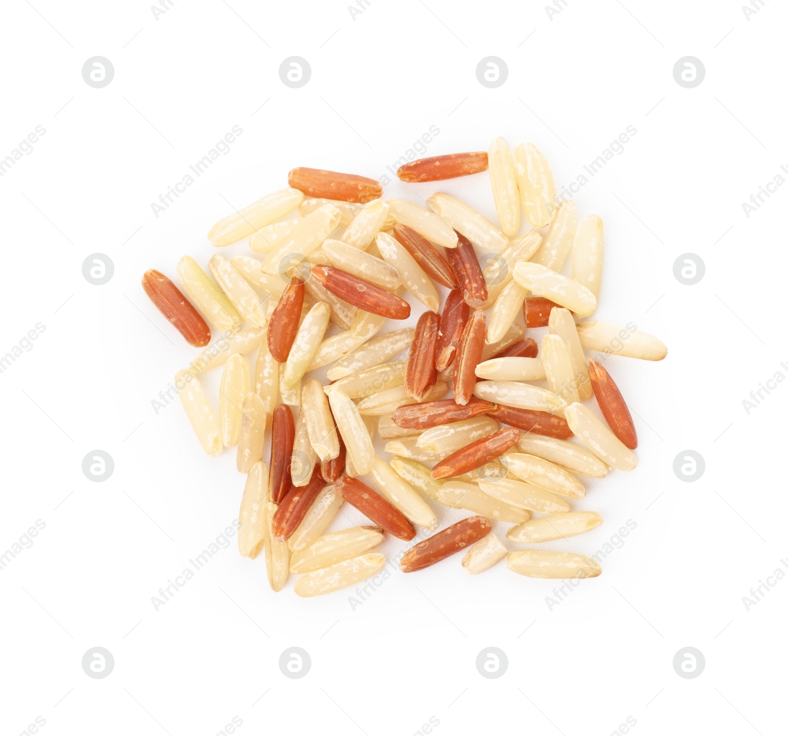 Photo of Different sorts of raw brown rice isolated on white, top view