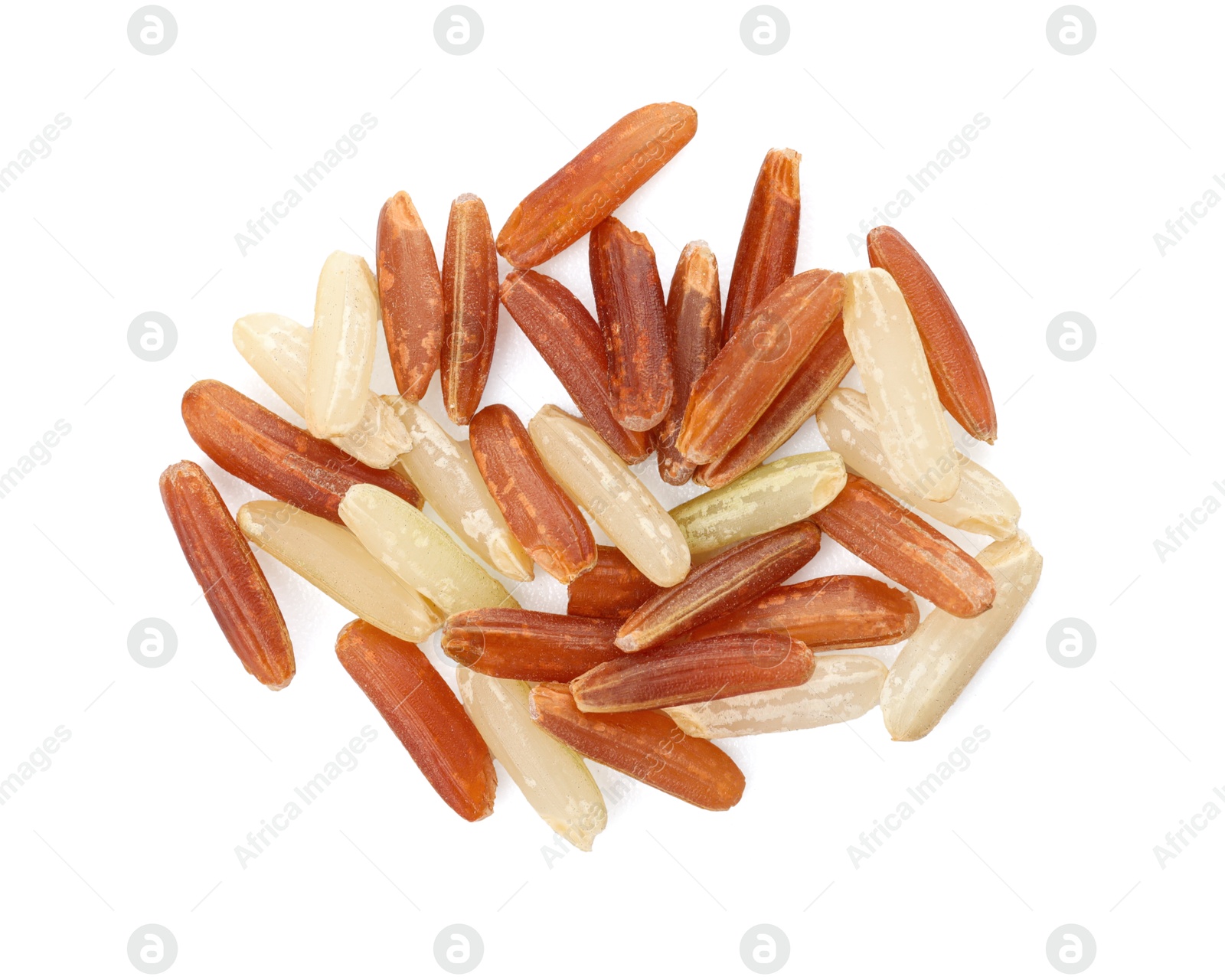 Photo of Different sorts of raw brown rice isolated on white, top view