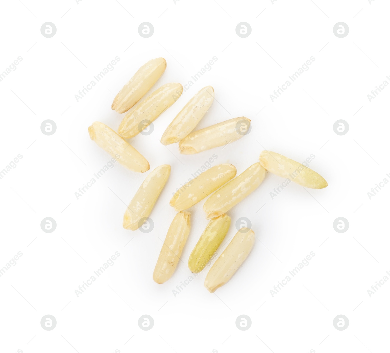 Photo of Raw brown rice isolated on white, top view