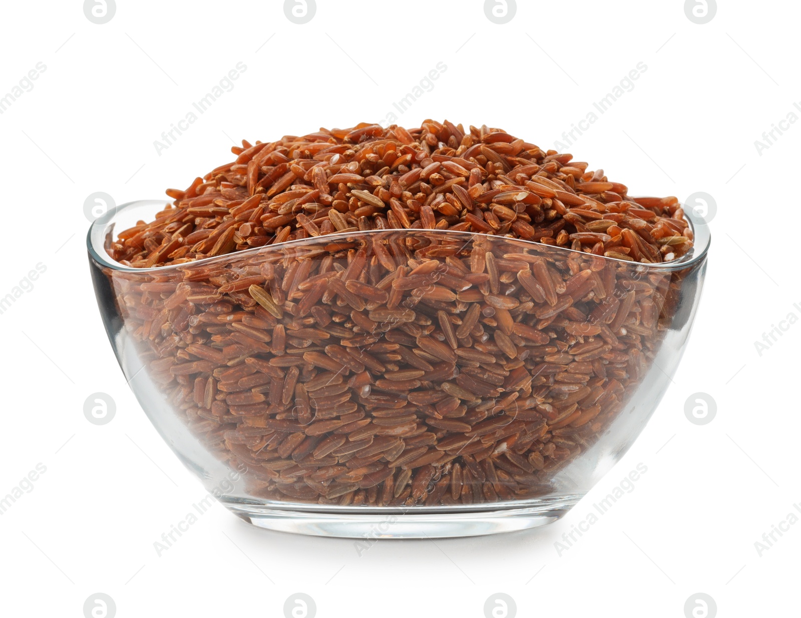 Photo of Raw brown rice in bowl isolated on white