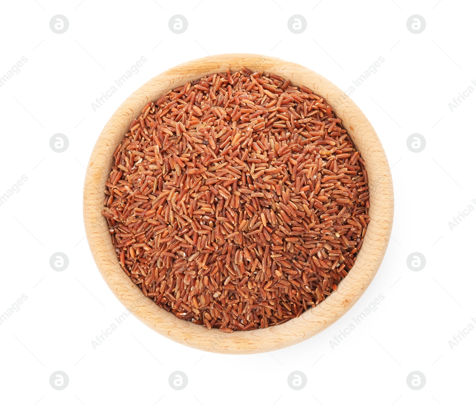 Photo of Raw brown rice in bowl isolated on white, top view