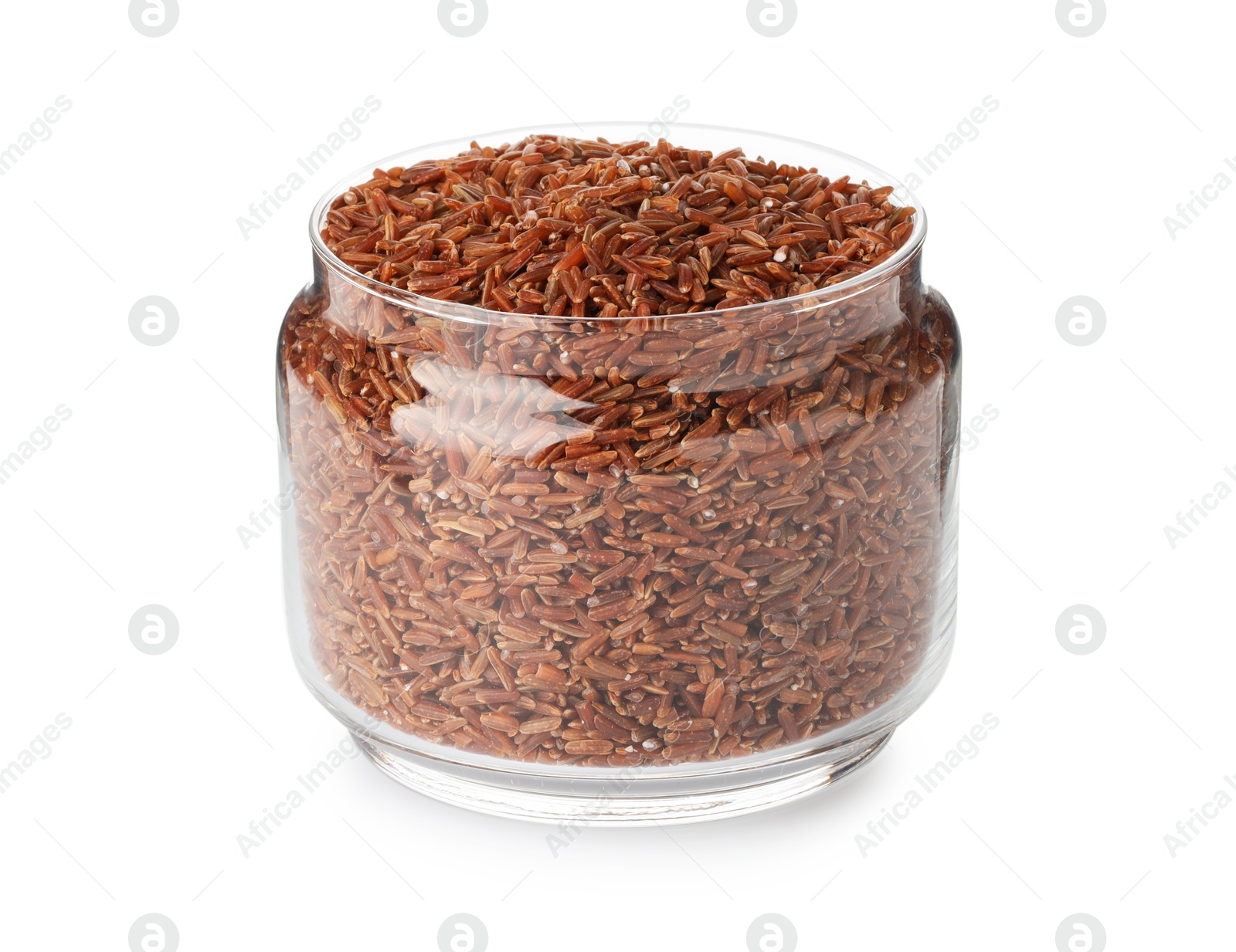 Photo of Raw brown rice in jar isolated on white