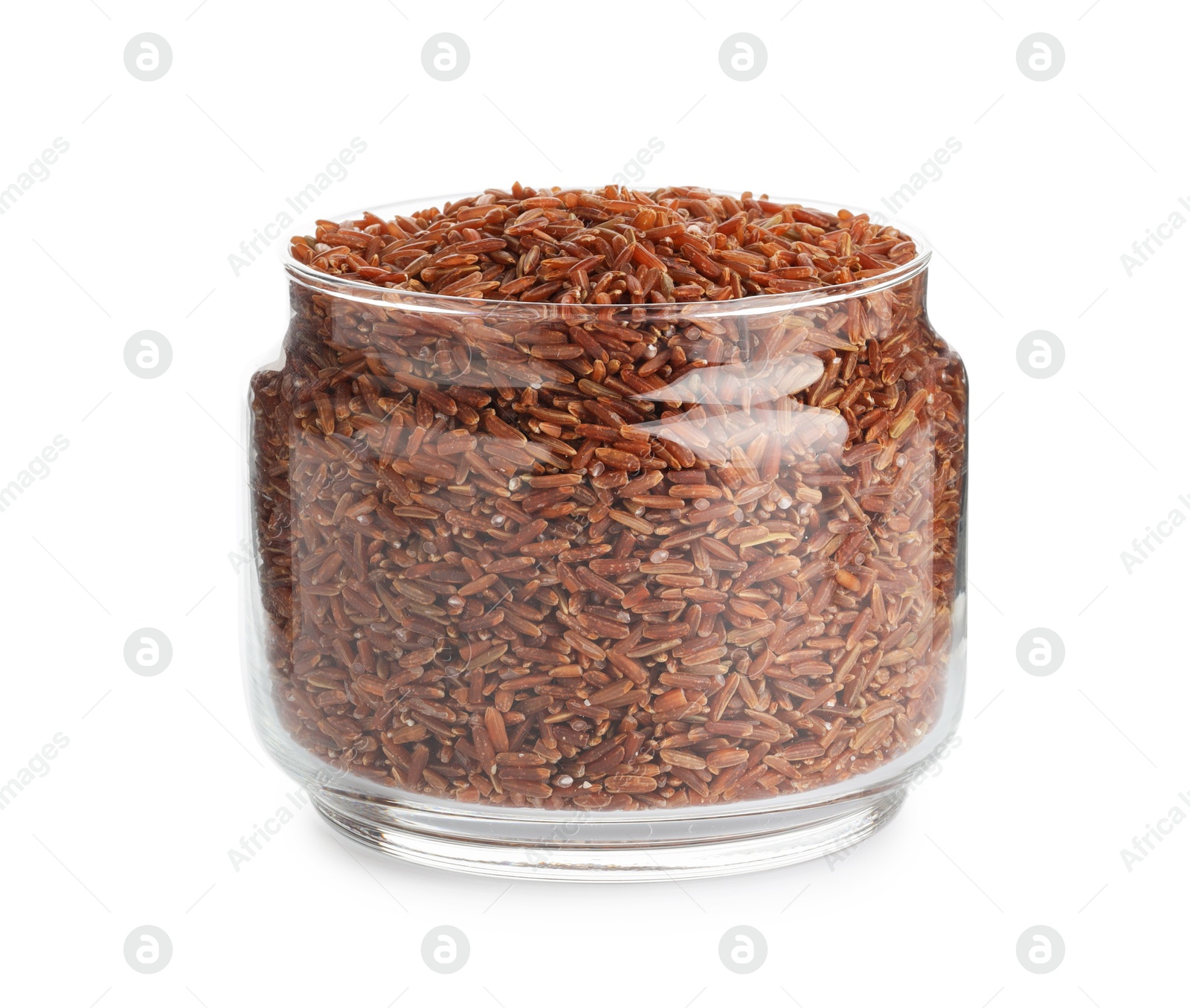 Photo of Raw brown rice in jar isolated on white