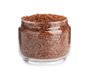 Photo of Raw brown rice in jar isolated on white