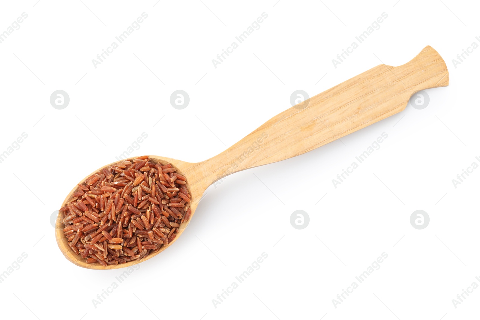 Photo of Raw brown rice and spoon isolated on white, top view