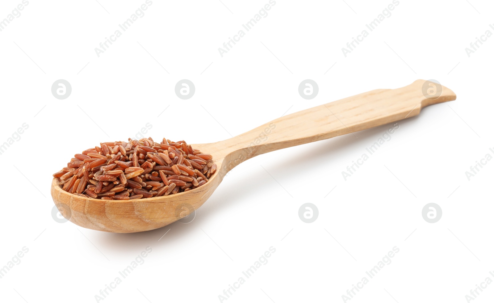 Photo of Raw brown rice and spoon isolated on white