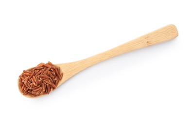 Photo of Raw brown rice and spoon isolated on white, top view