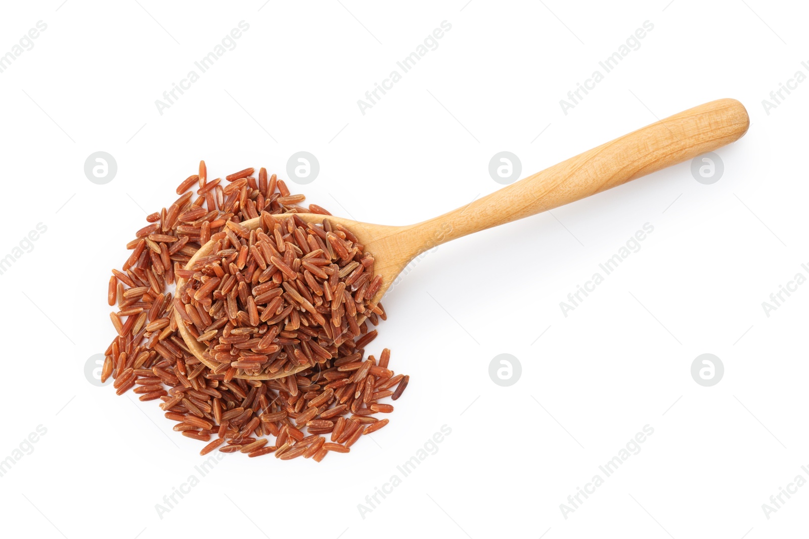 Photo of Raw brown rice and spoon isolated on white, top view