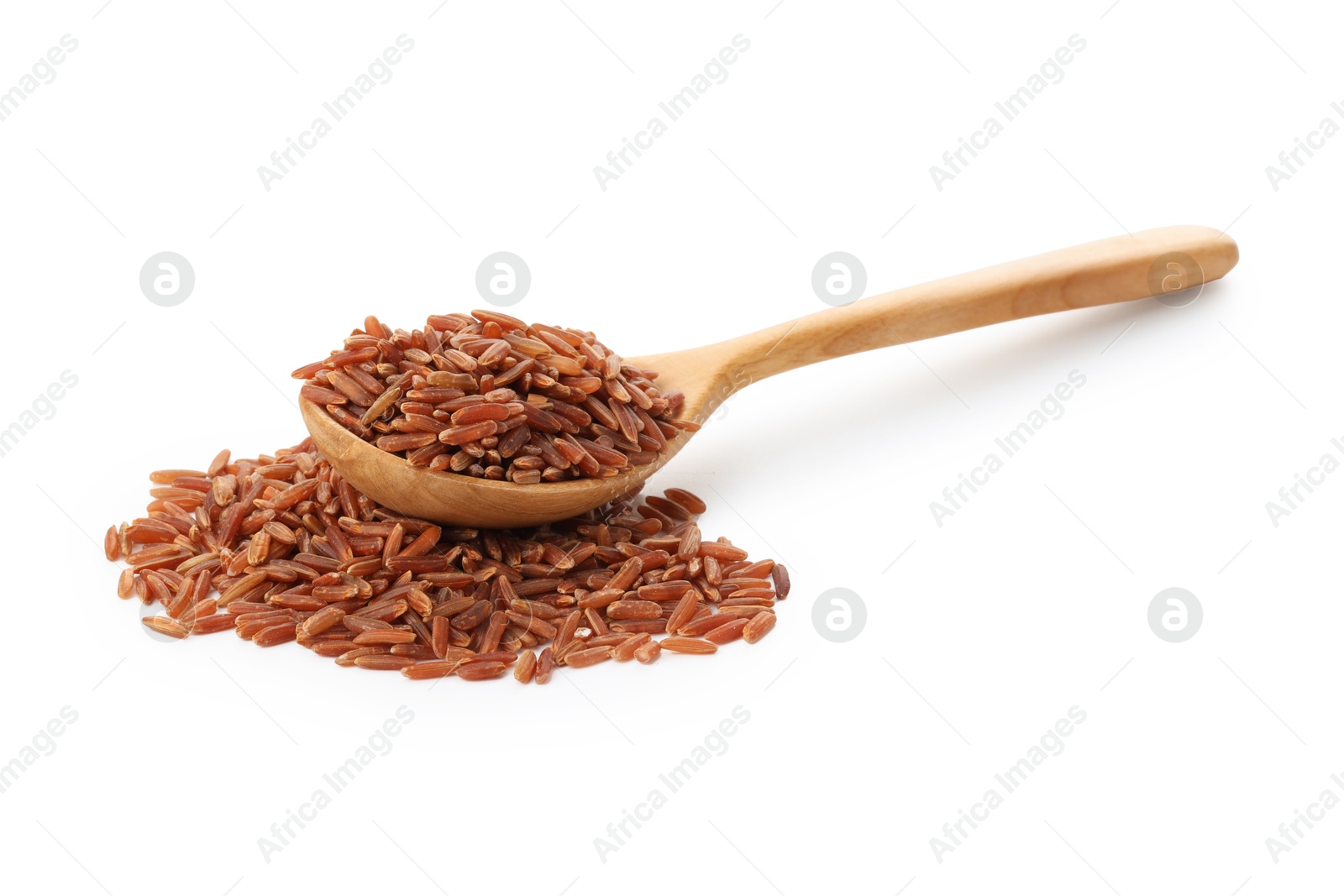 Photo of Raw brown rice and spoon isolated on white