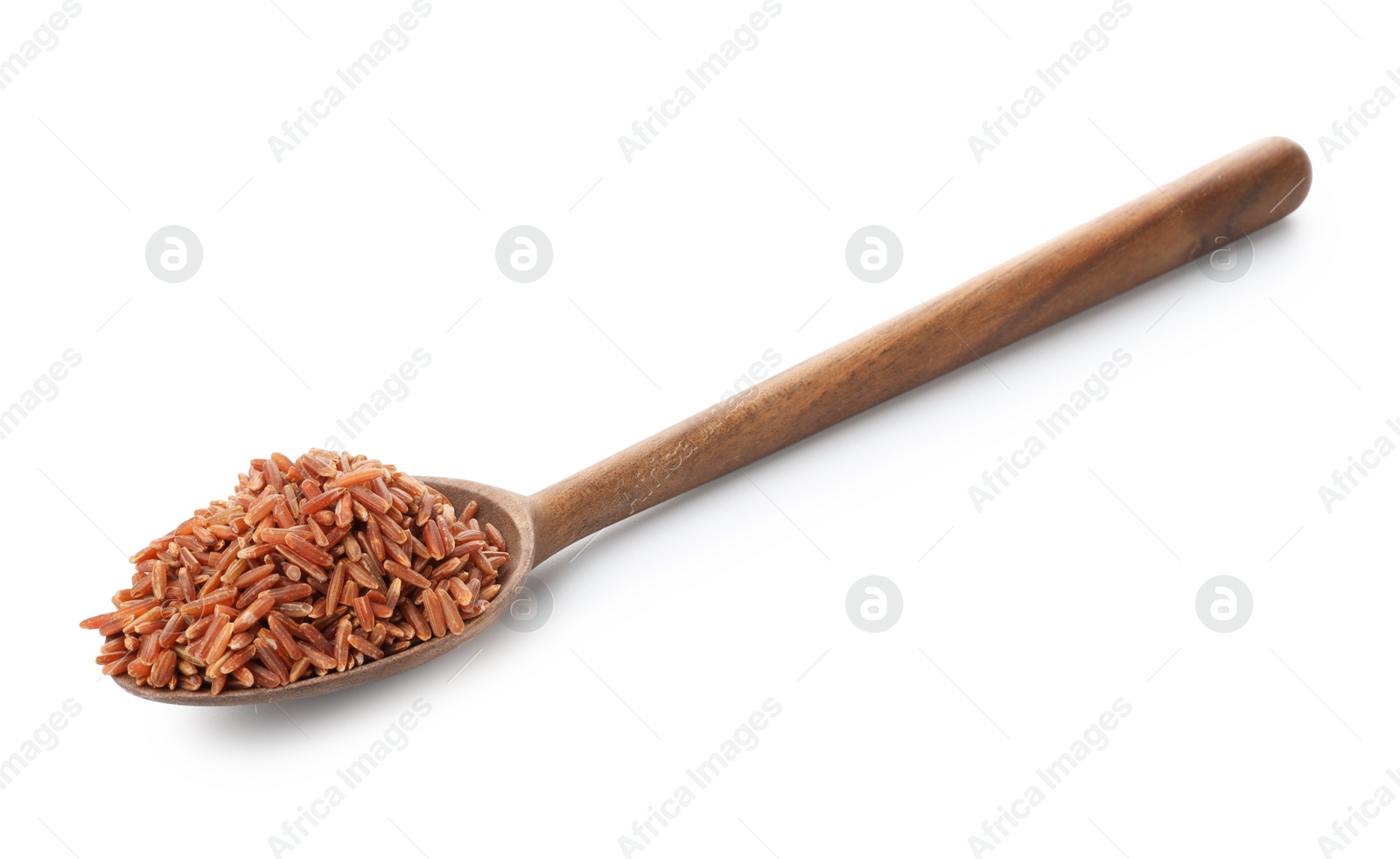 Photo of Raw brown rice and spoon isolated on white