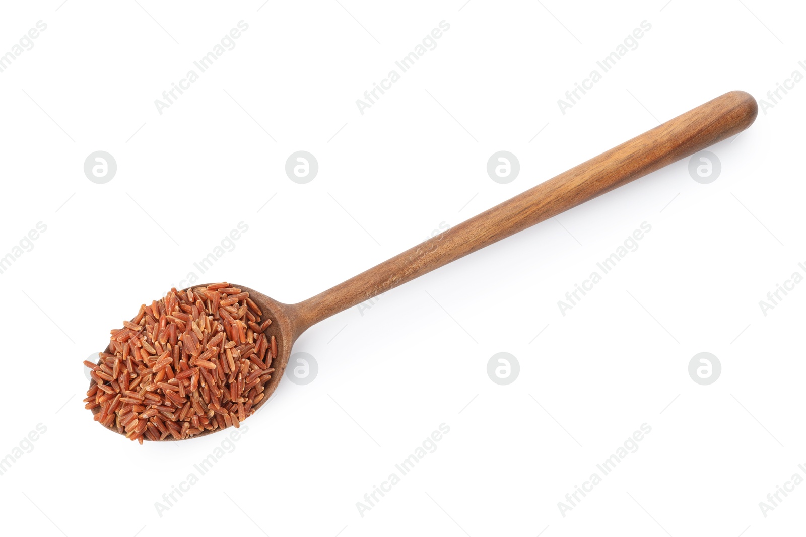 Photo of Raw brown rice and spoon isolated on white, top view