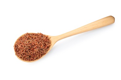 Photo of Raw brown rice and spoon isolated on white, top view