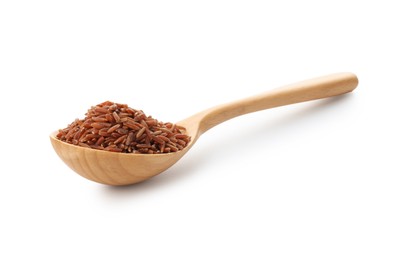 Photo of Raw brown rice and spoon isolated on white