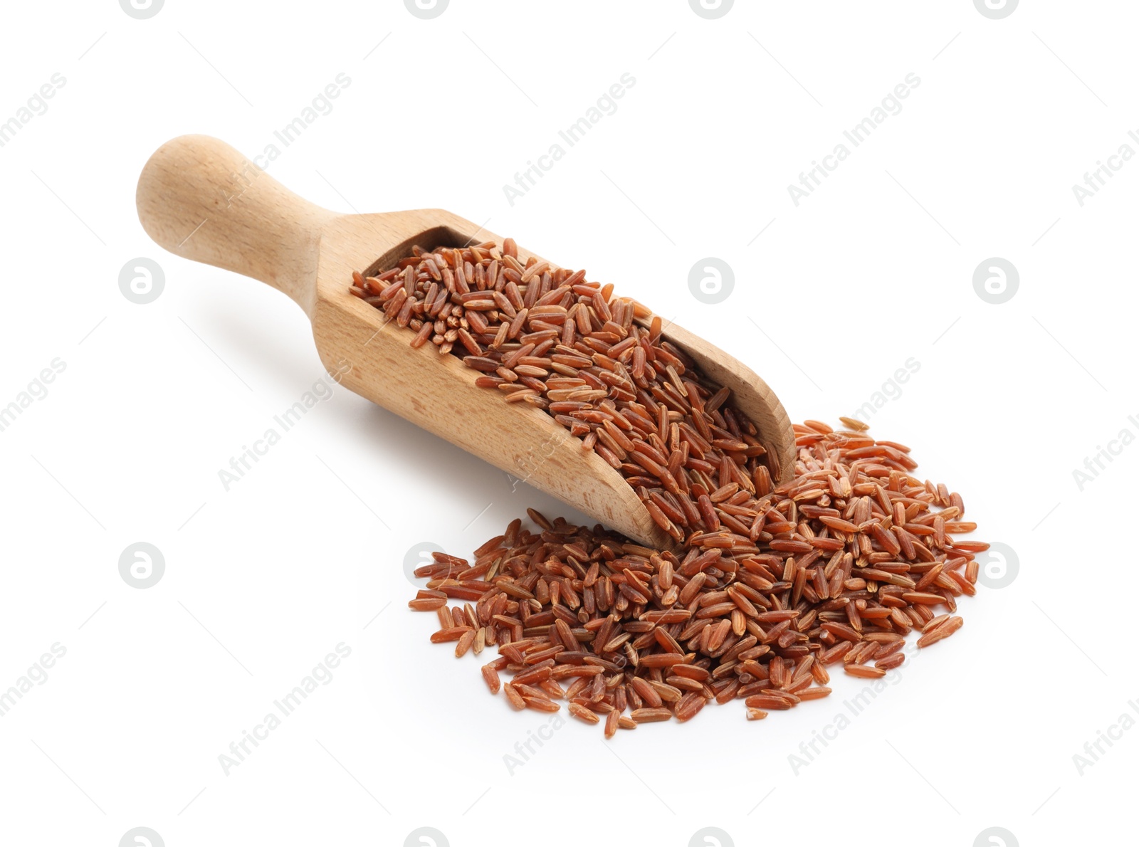 Photo of Raw brown rice in scoop isolated on white