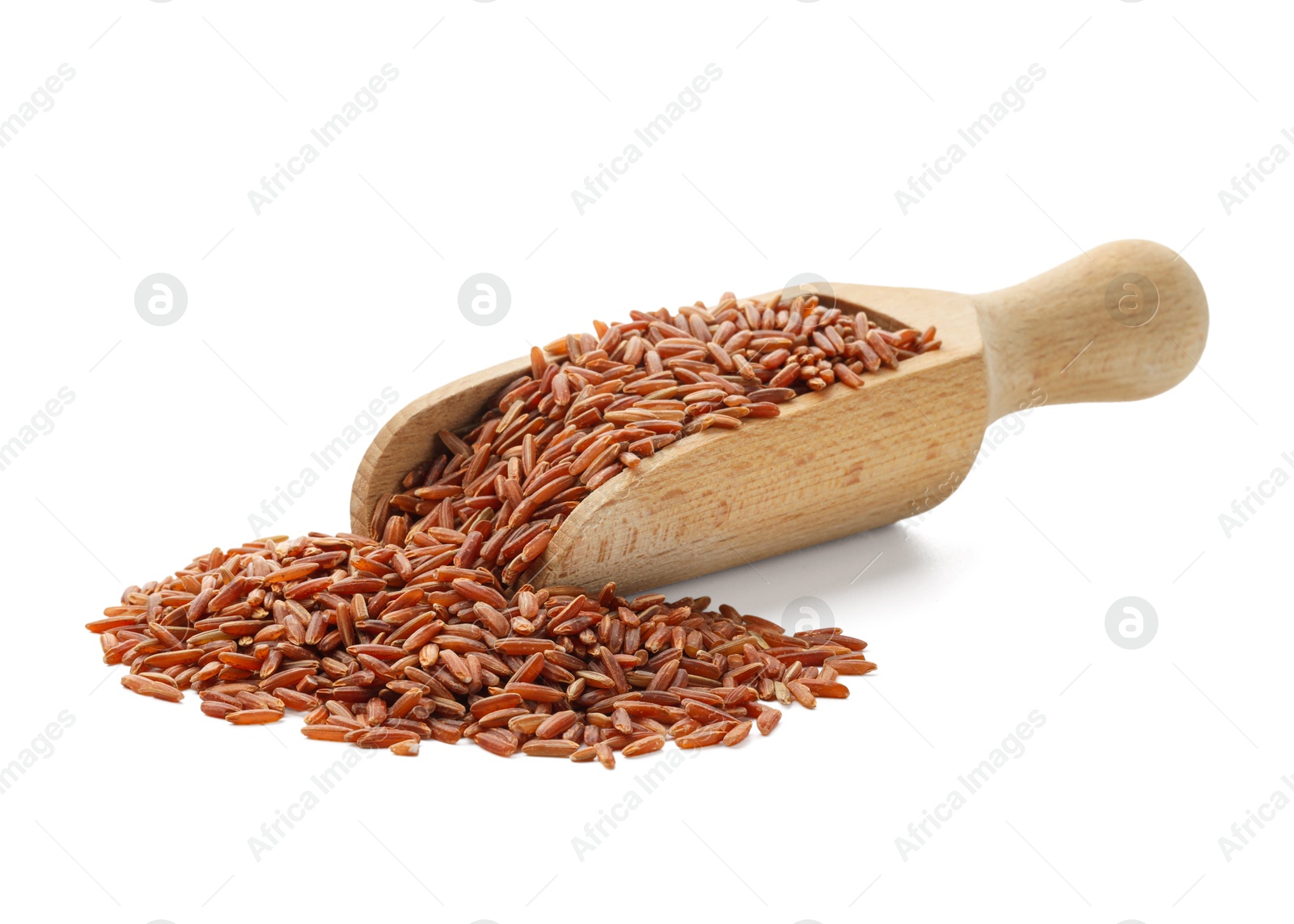 Photo of Raw brown rice in scoop isolated on white