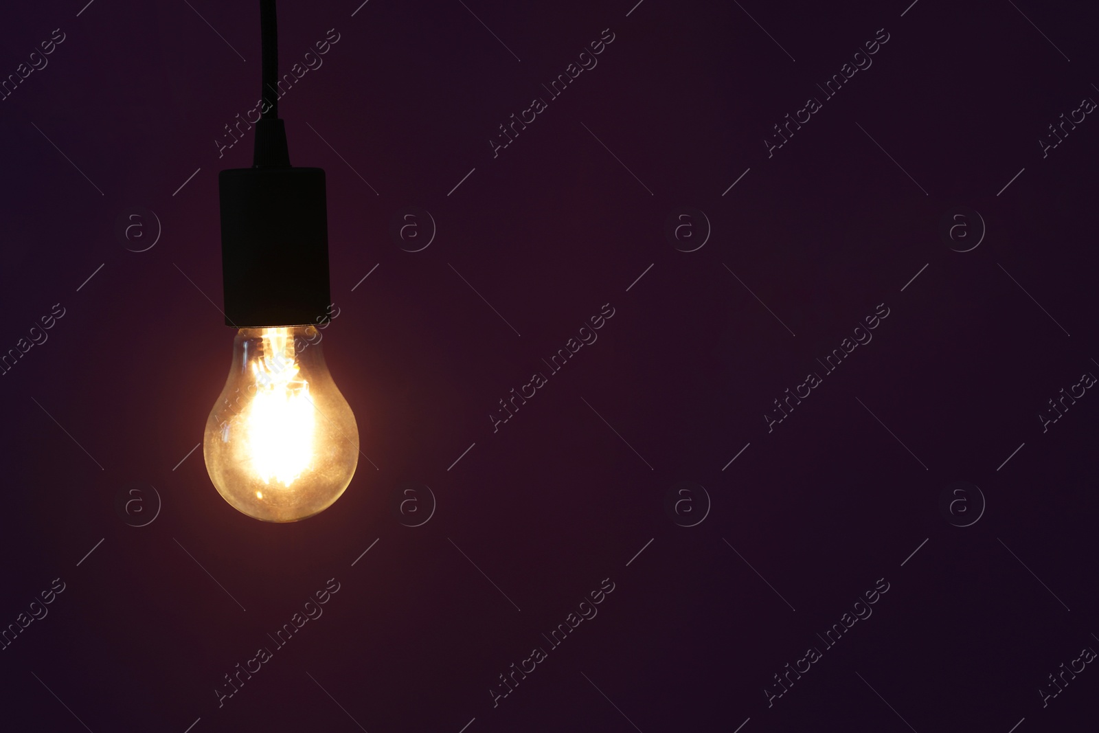 Photo of Glowing light bulb hanging on dark purple background. Space for text