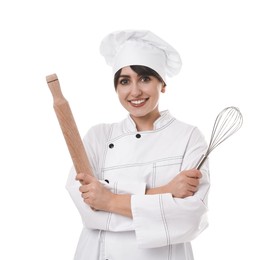 Photo of Professional chef with rolling pin and whisk on white background