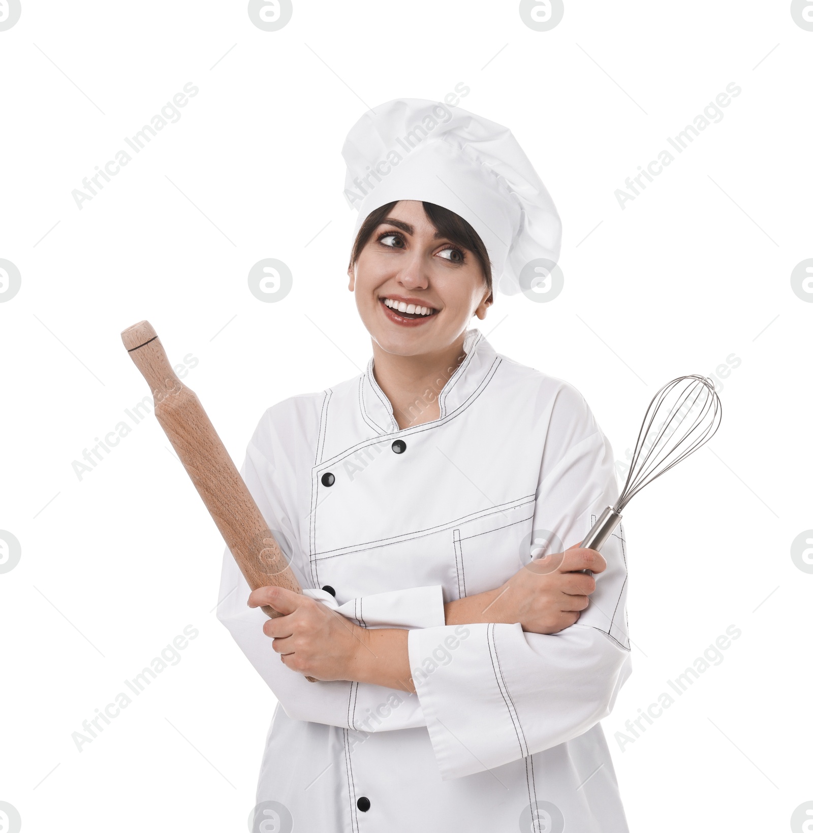 Photo of Professional chef with rolling pin and whisk on white background