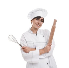 Photo of Professional chef with rolling pin and whisk on white background