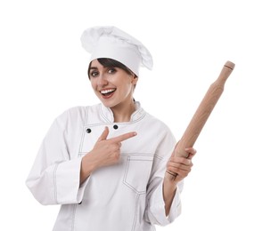 Photo of Professional chef pointing at rolling pin on white background