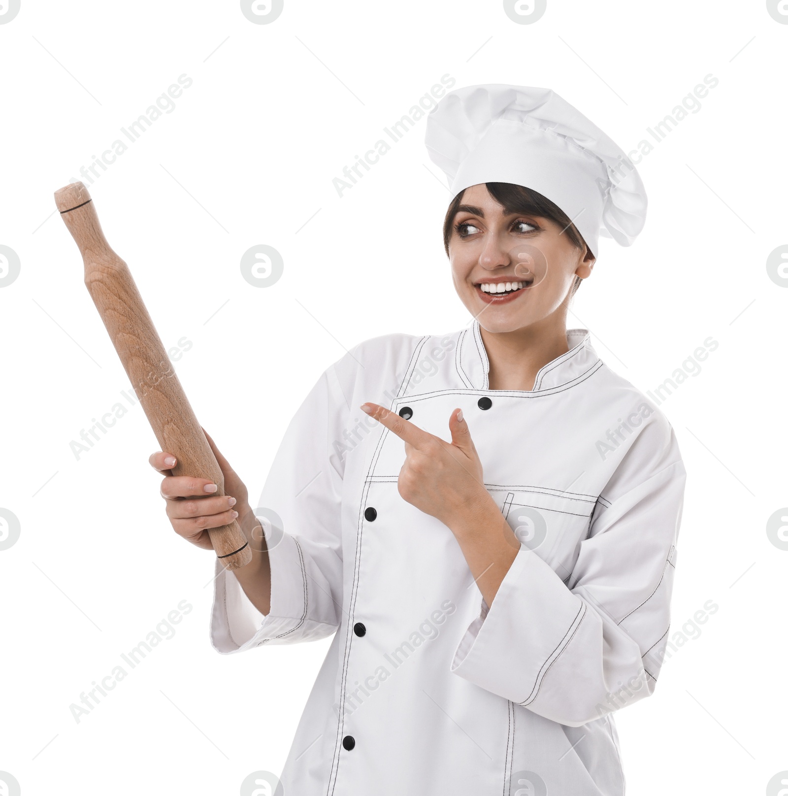 Photo of Professional chef pointing at rolling pin on white background