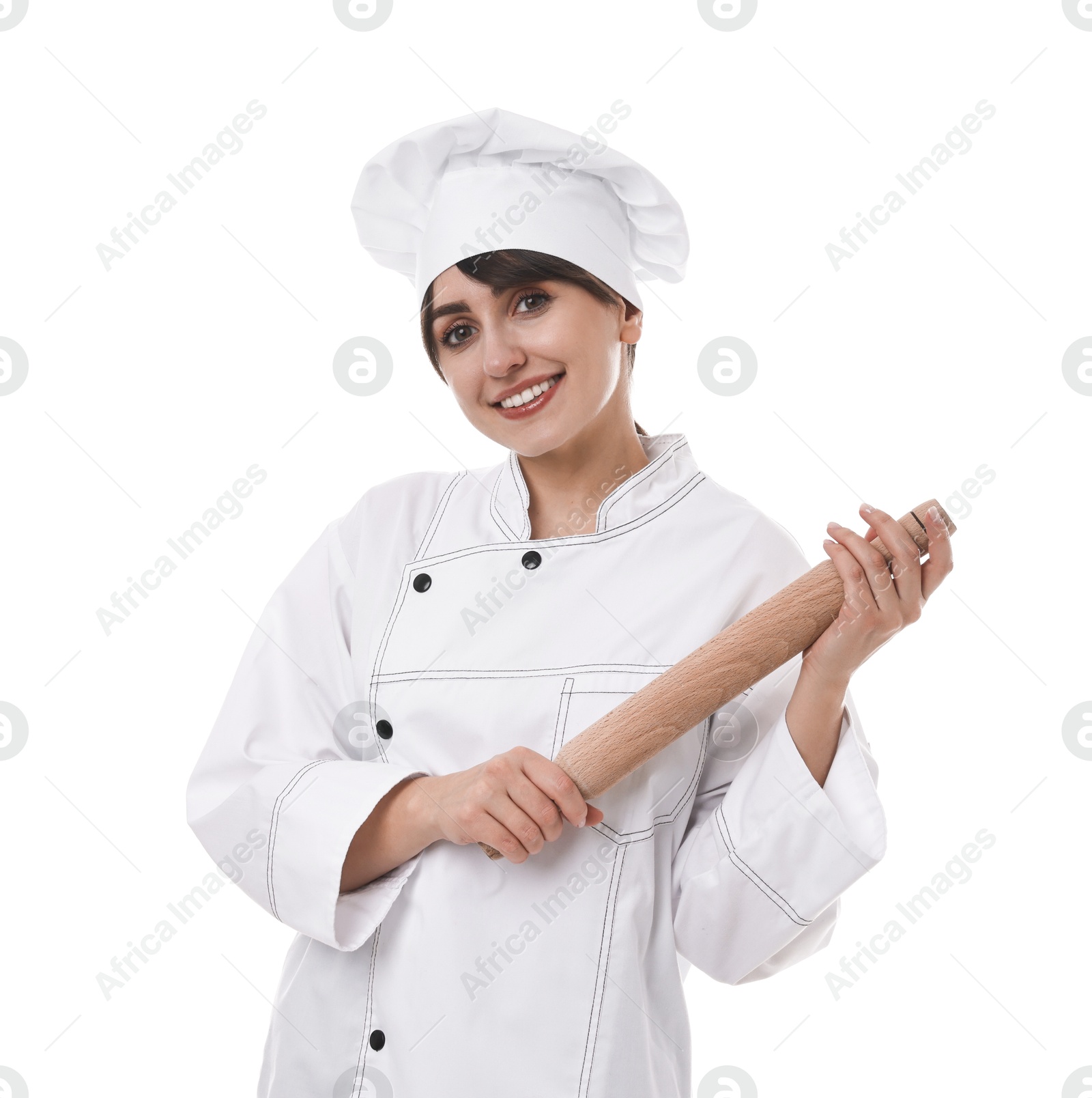 Photo of Professional chef with rolling pin on white background