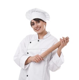 Photo of Professional chef with rolling pin on white background