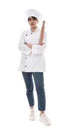 Photo of Upset chef with rolling pin on white background