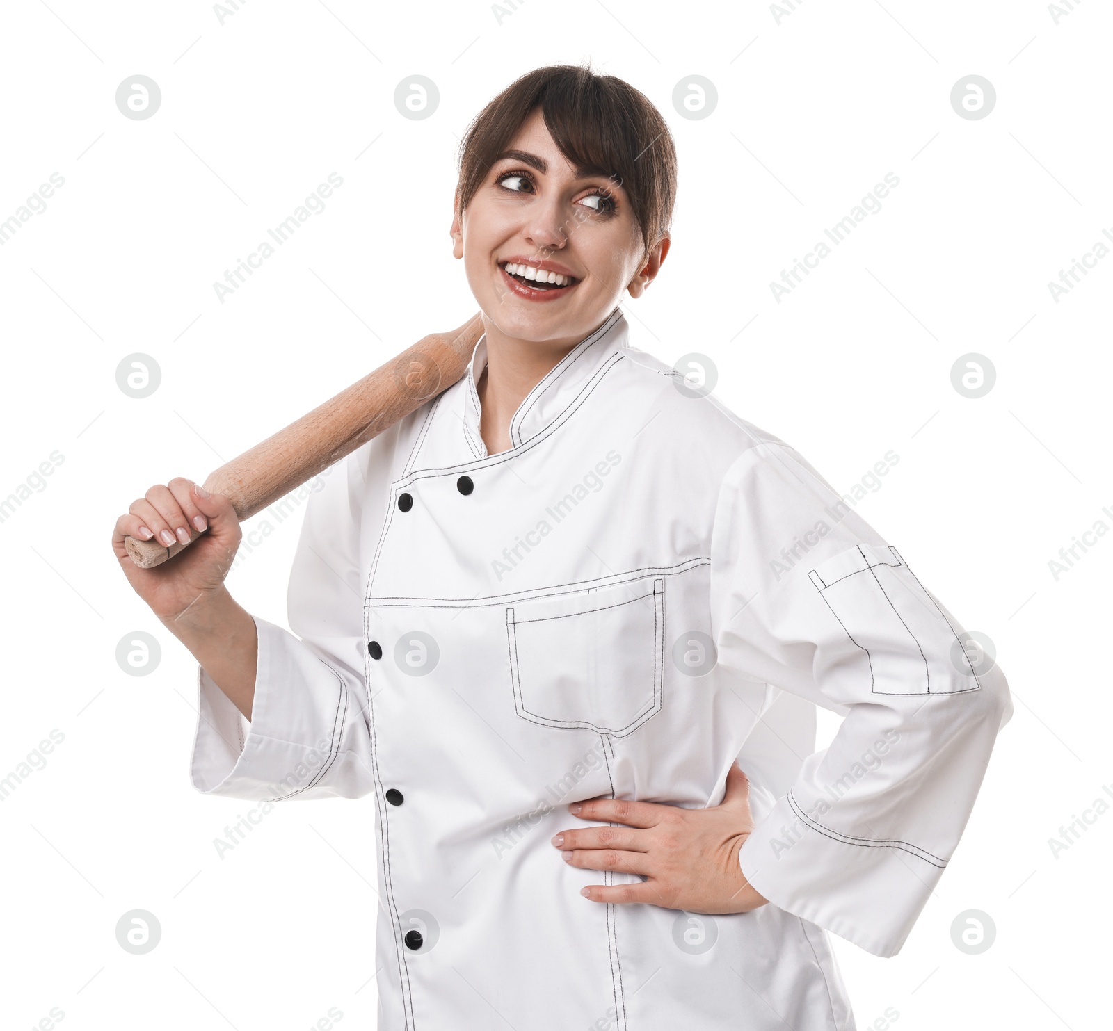 Photo of Professional chef with rolling pin on white background