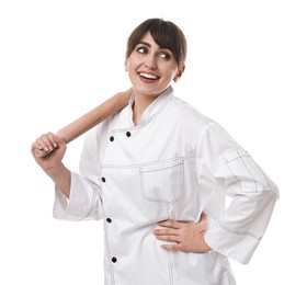 Photo of Professional chef with rolling pin on white background