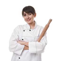 Photo of Professional chef with rolling pin on white background