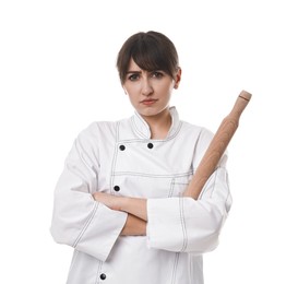 Photo of Professional chef with rolling pin on white background