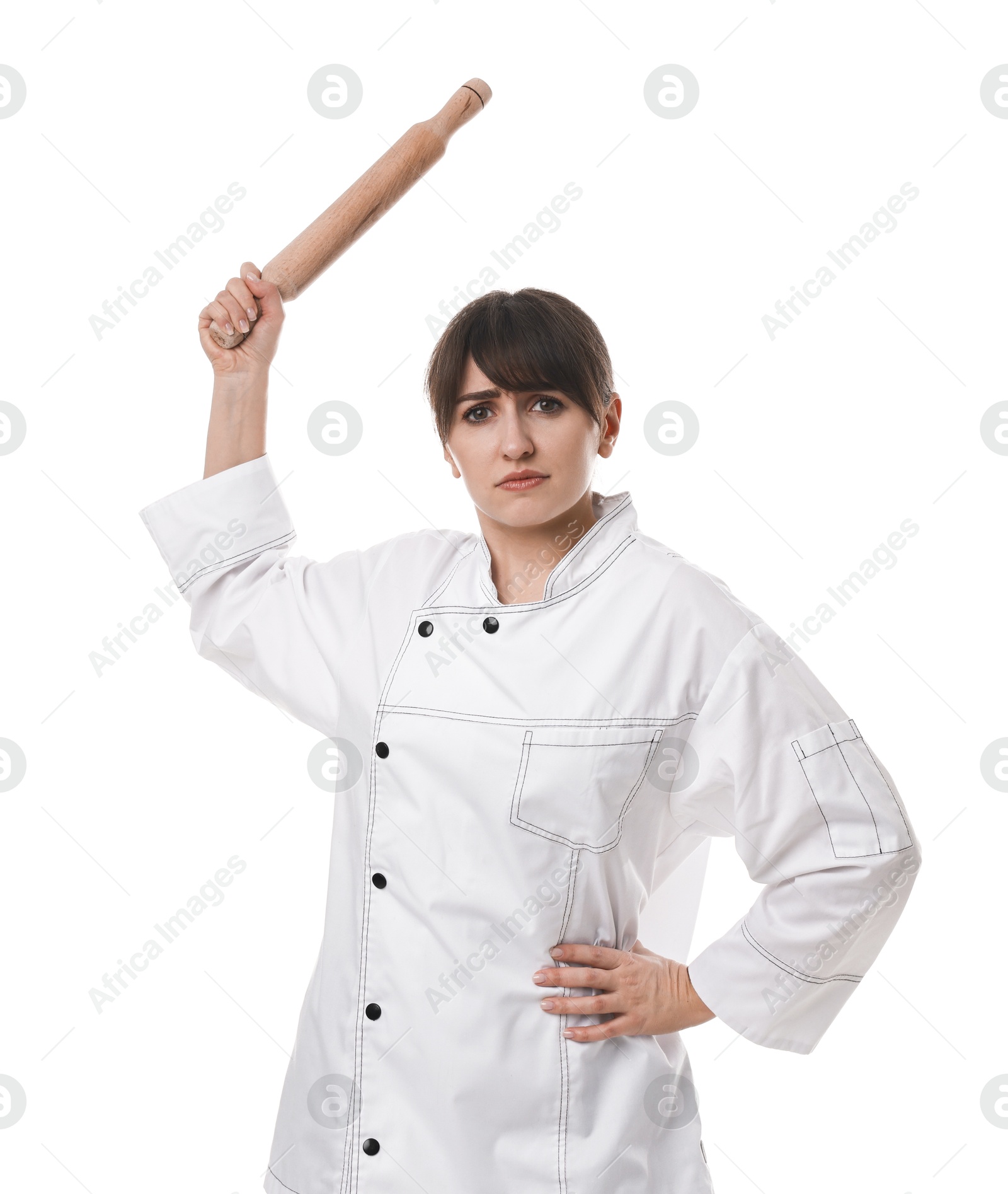 Photo of Angry chef with rolling pin on white background