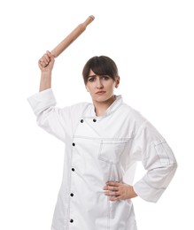 Photo of Angry chef with rolling pin on white background