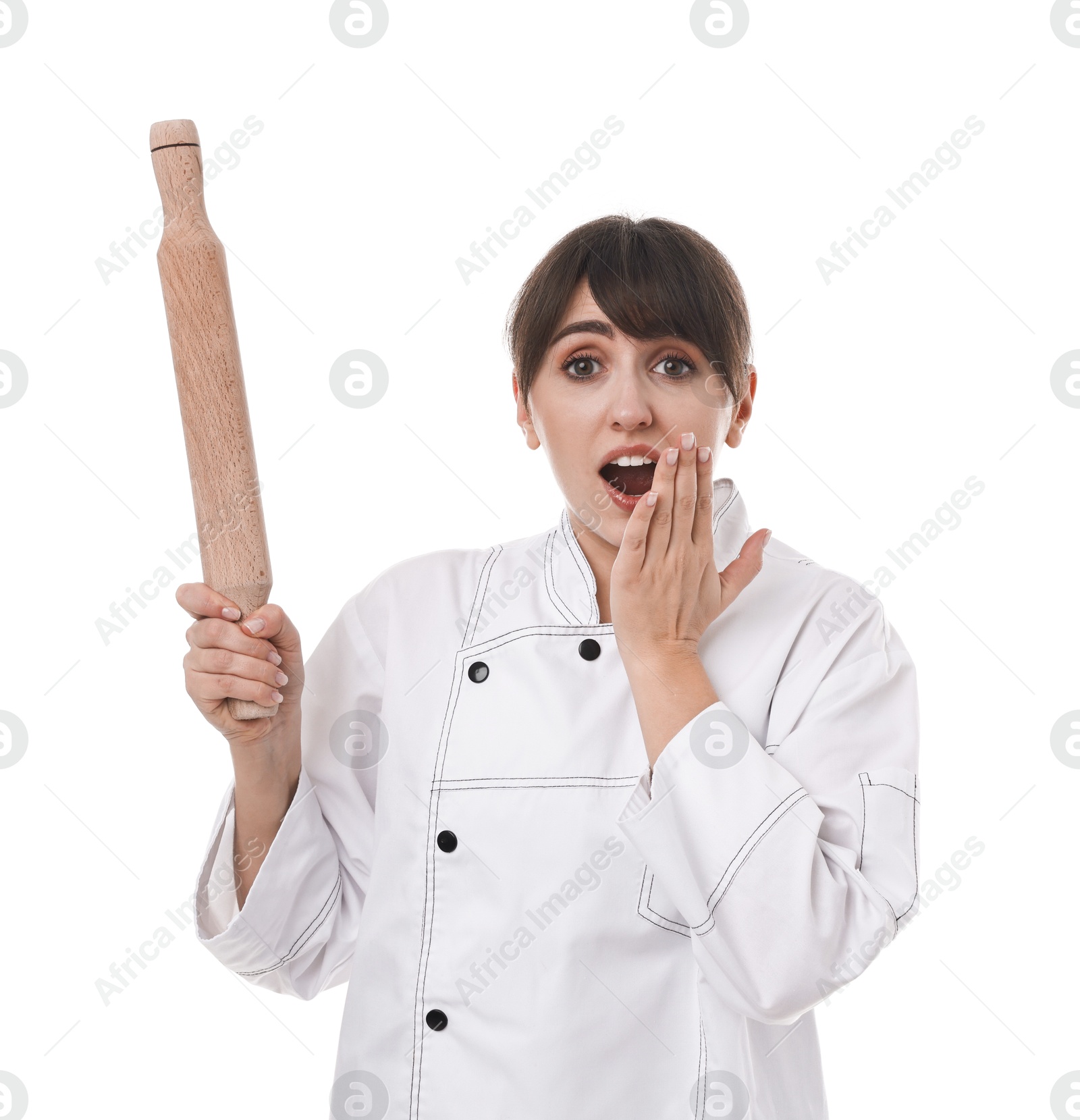 Photo of Emotional chef with rolling pin on white background