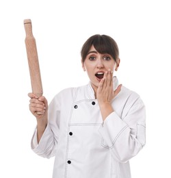 Photo of Emotional chef with rolling pin on white background