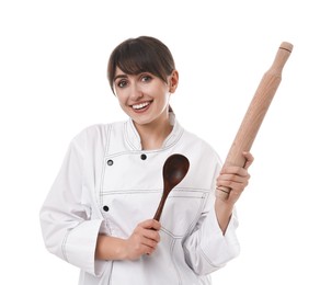 Photo of Professional chef with rolling pin and spoon on white background