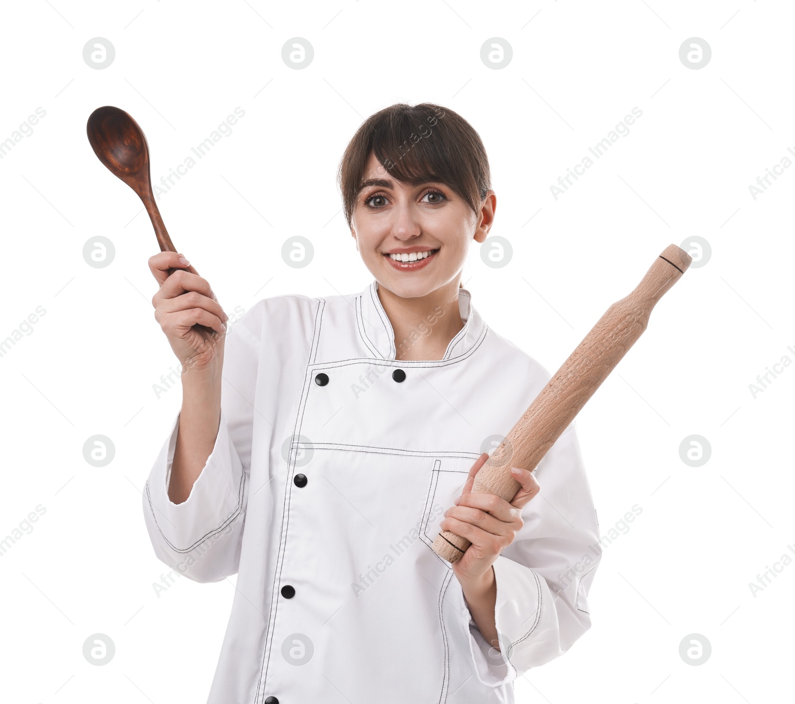 Photo of Professional chef with rolling pin and spoon on white background