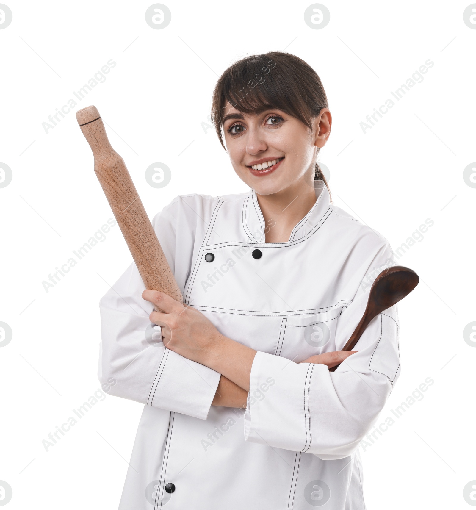 Photo of Professional chef with rolling pin and spoon on white background