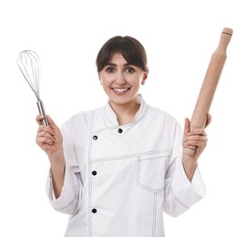 Professional chef with rolling pin and whisk on white background