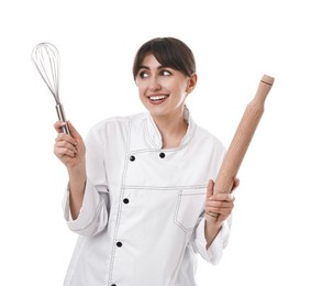 Photo of Professional chef with rolling pin and whisk on white background