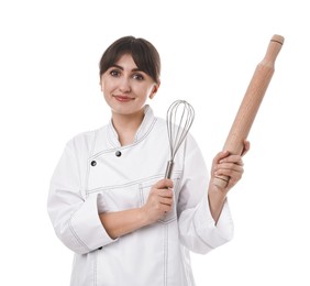 Photo of Professional chef with rolling pin and whisk on white background