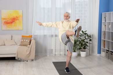 Photo of Elderly man exercising at home. Healthy leisure