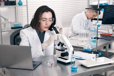 Photo of Scientist with microscope and laptop working at table in laboratory