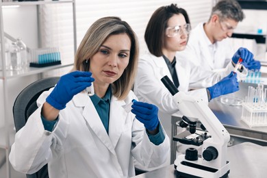 Photo of Scientists working with samples at table in laboratory