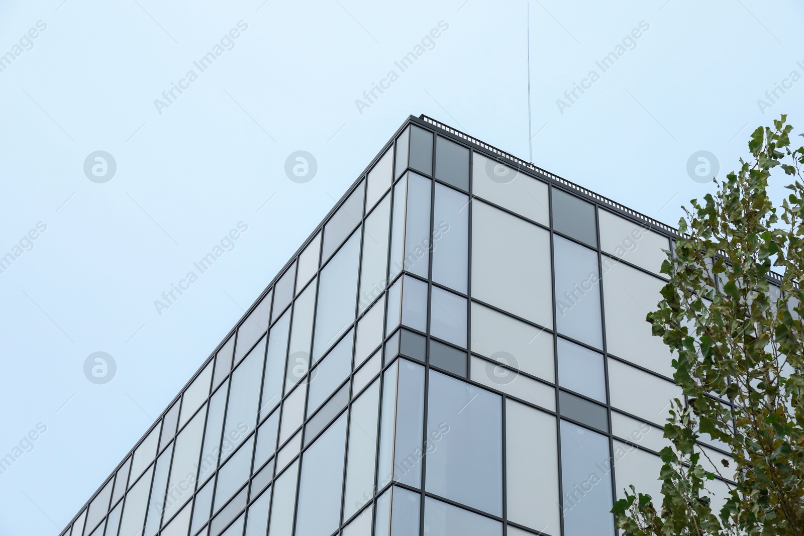 Photo of Modern building with many windows against blue sky, low angle view