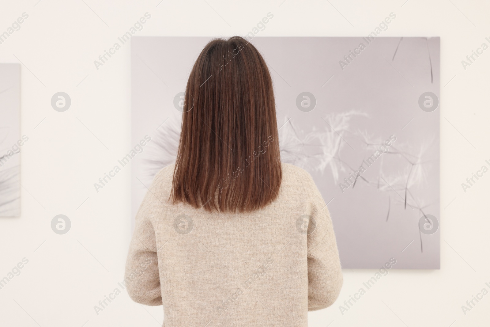 Photo of Woman studying beautiful artwork in modern gallery, back view