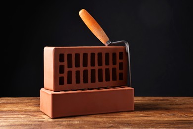 Photo of Bricks and bucket trowel on wooden table